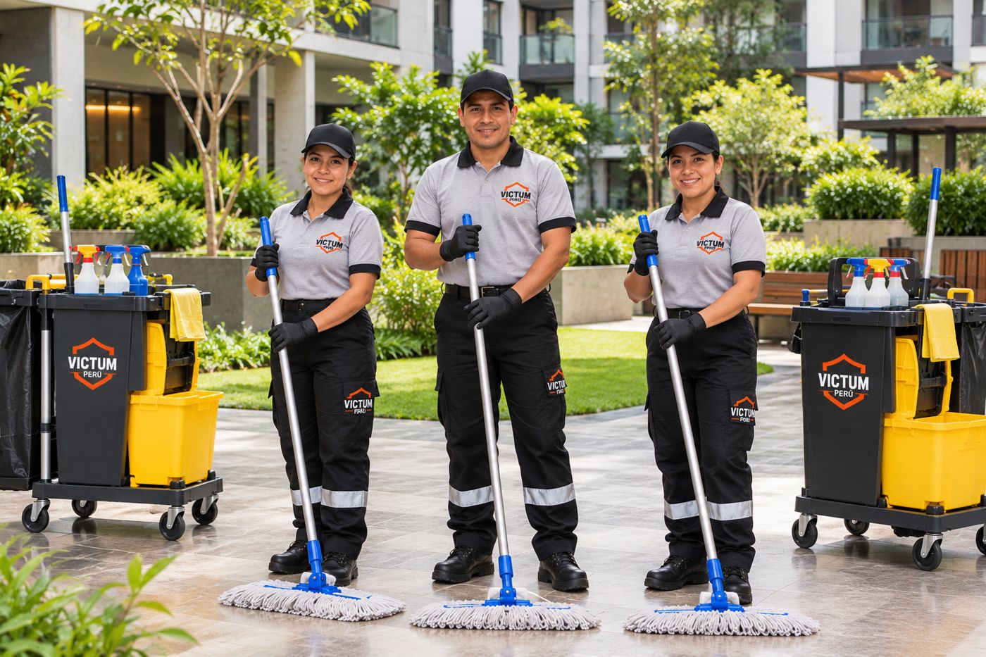 Equipo de limpieza de Víctum Perú con uniforme, gorra y carritos de limpieza en las áreas comunes de un condominio