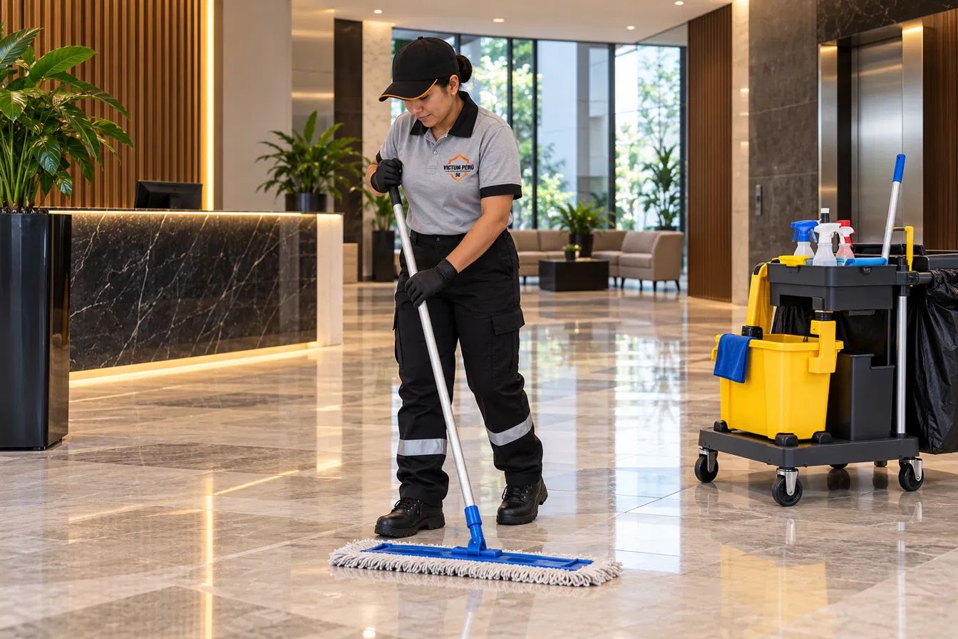 Personal de limpieza de Víctum Perú con gorra y uniforme limpiando el lobby